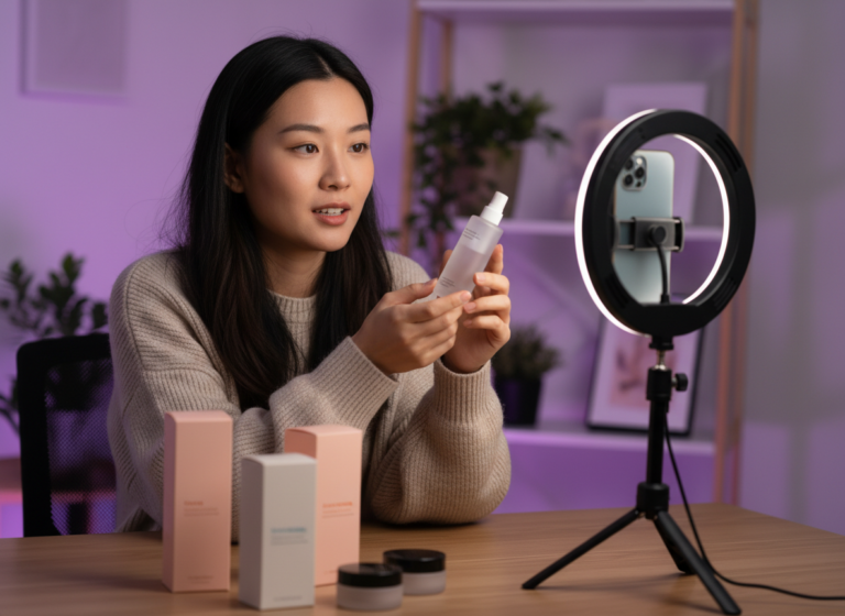 ครีเอเตอร์กำลังถ่ายคลิปรีวิวสินค้าด้วยสมาร์ตโฟนและไฟวงแหวน