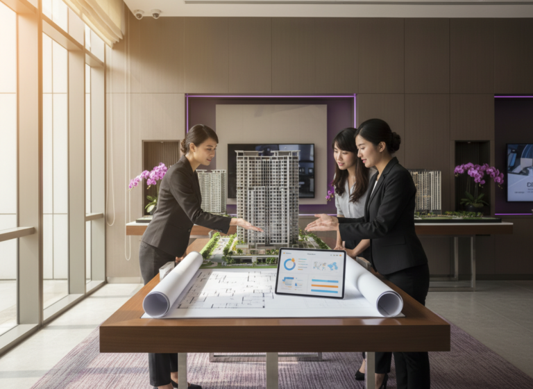 พนักงานขายอสังหาฯ กำลังแนะนำโครงการคอนโดให้คู่รักที่มาชมโครงการ